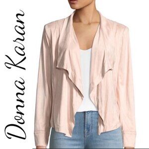 NWOT DONNA KARAN Microsuede Blush Pink Shimmer Open Waterfall Cardigan Jacket, 8